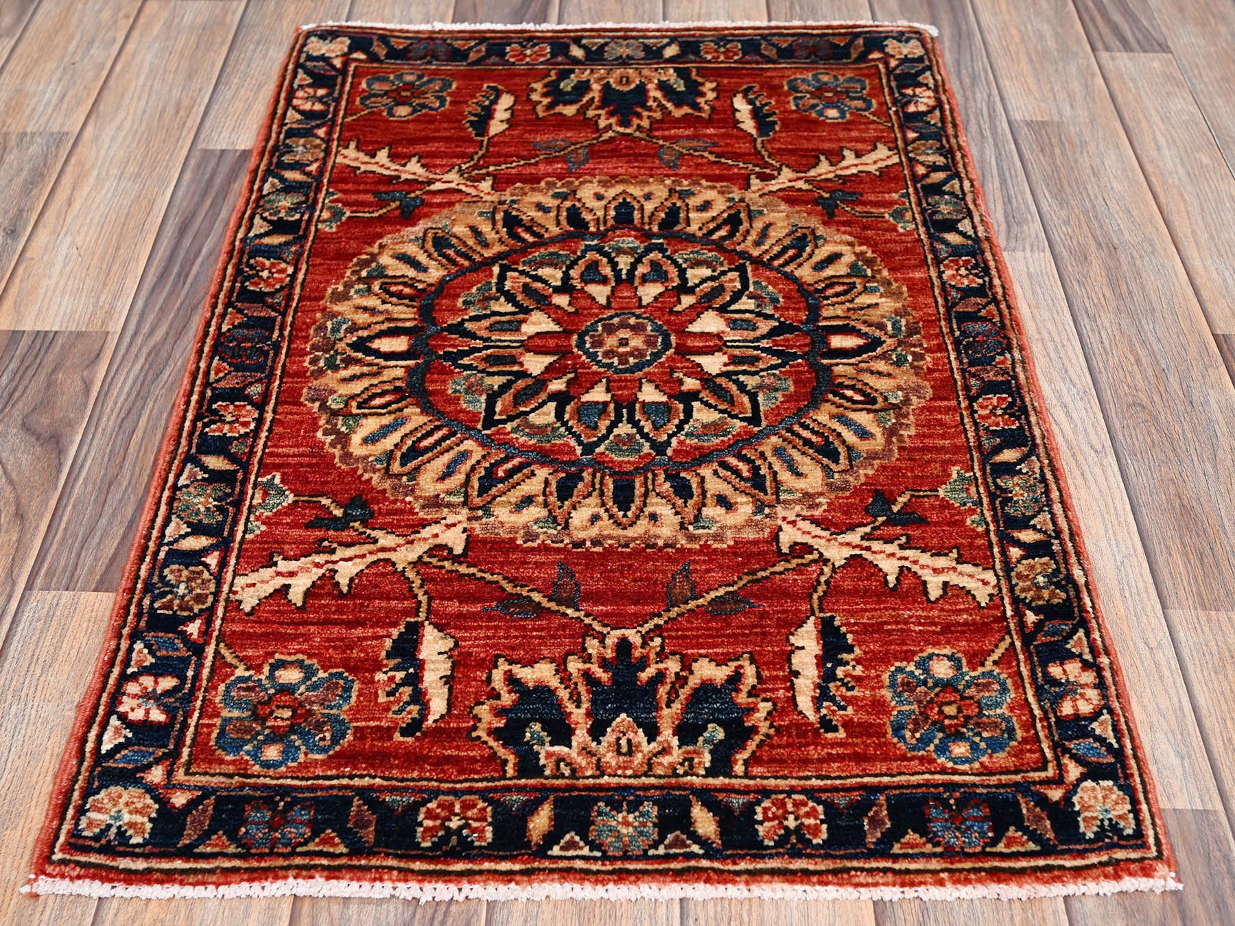 Tribal & Geometric hand-knotted wool rug in Red & Midnight Blue, 1'11" x 2'10" — SKU O02396 (view 2)