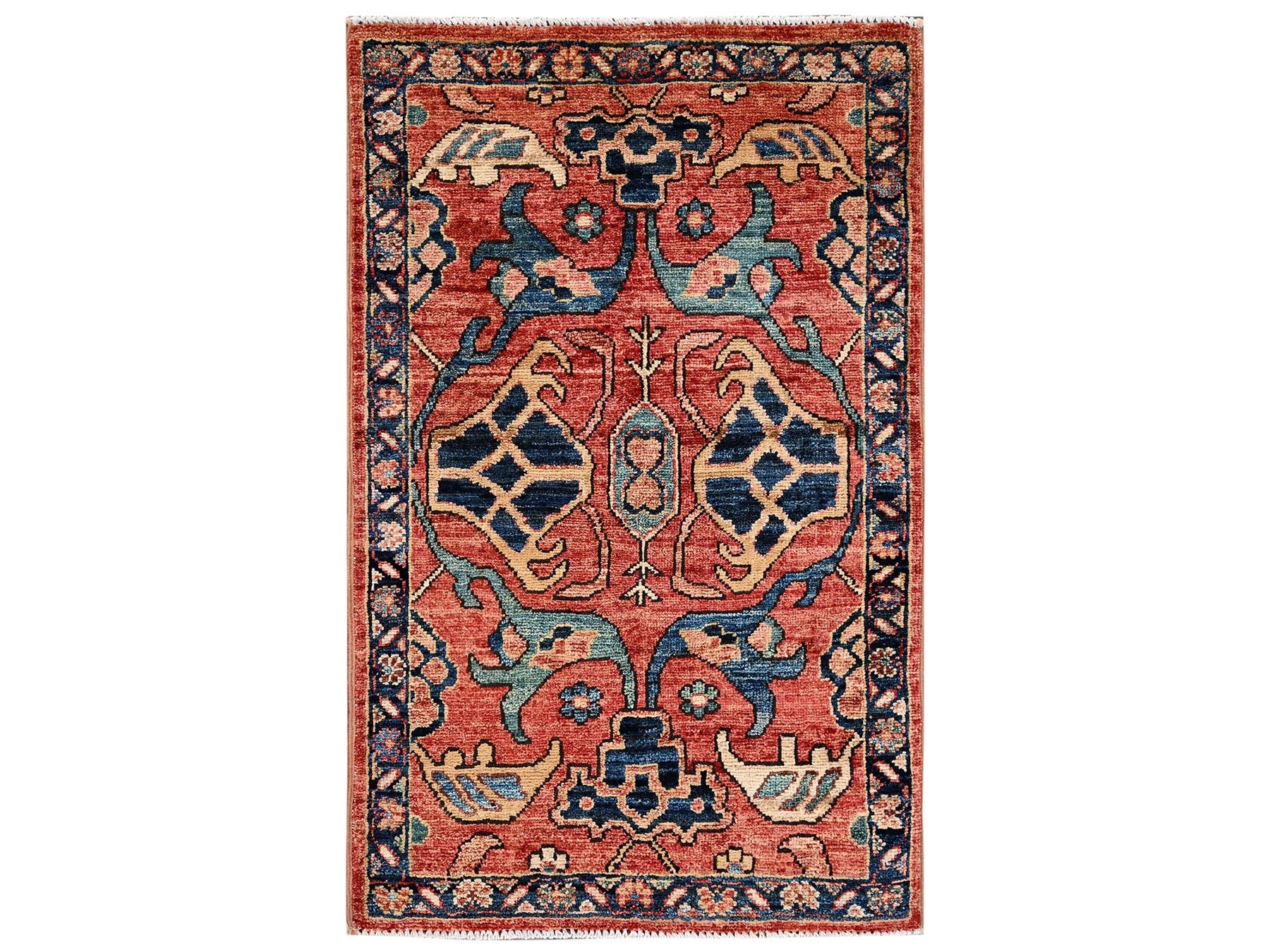 Tribal & Geometric hand-knotted wool rug in Red & Midnight Blue, 2' x 3' — SKU O02397