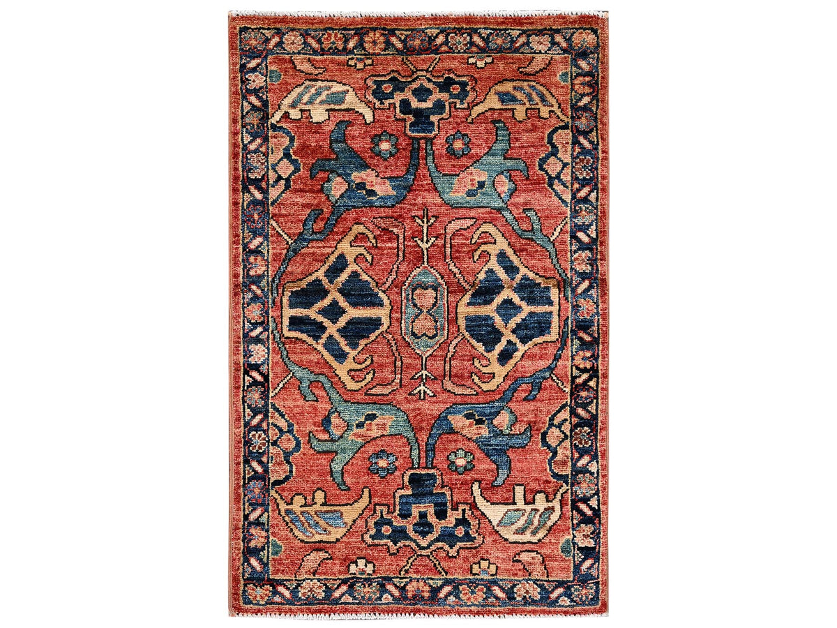 Tribal & Geometric hand-knotted wool rug in Red & Midnight Blue, 2' x 3' — SKU O02397
