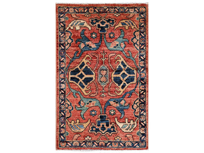 Tribal & Geometric hand-knotted wool rug in Red & Midnight Blue, 2' x 3' — SKU O02397