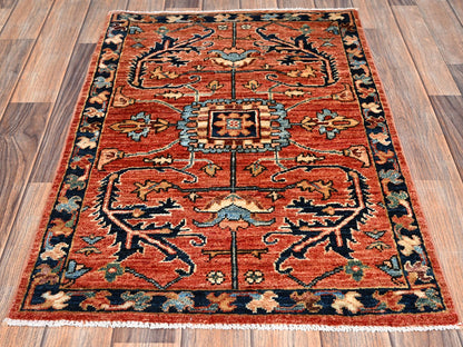 Red 2'1" x 3'0" Tribal & Geometric Hand knotted Wool Rug - Sku: O02398