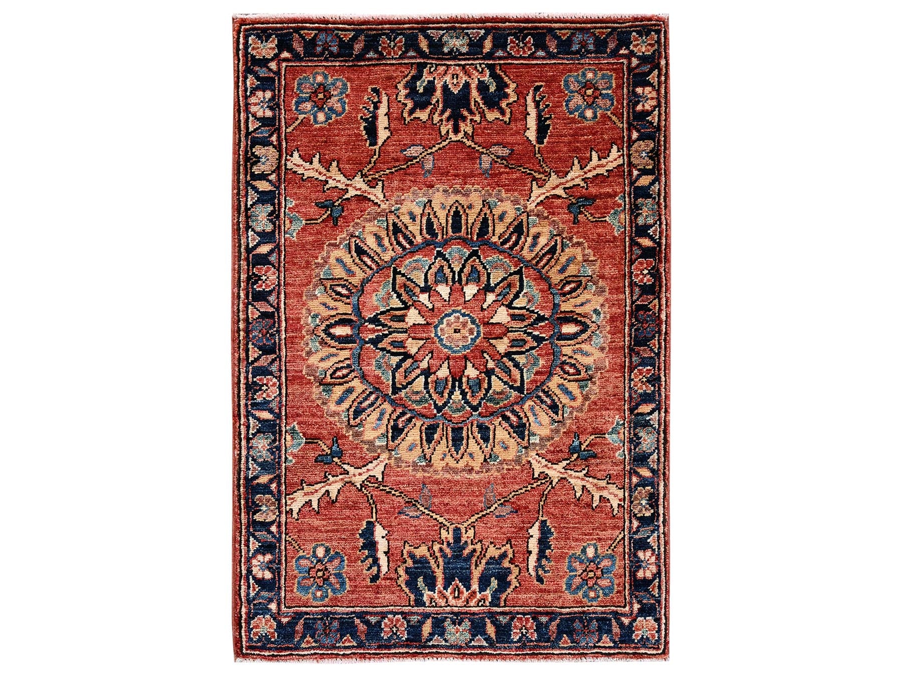 Tribal & Geometric hand-knotted wool rug in Red & Midnight Blue, 1'11" x 2'11" — SKU O02399