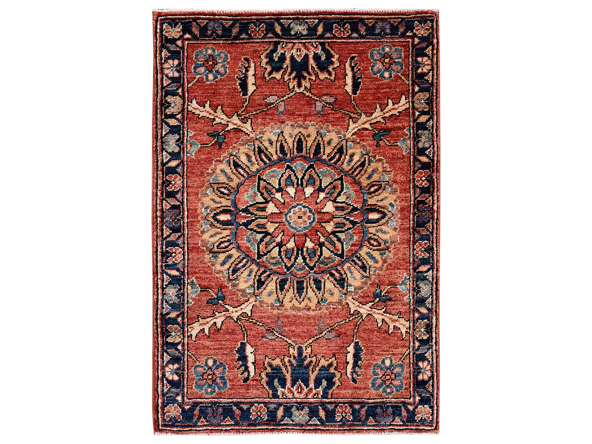 Tribal & Geometric hand-knotted wool rug in Red & Midnight Blue, 1'11" x 2'11" — SKU O02399