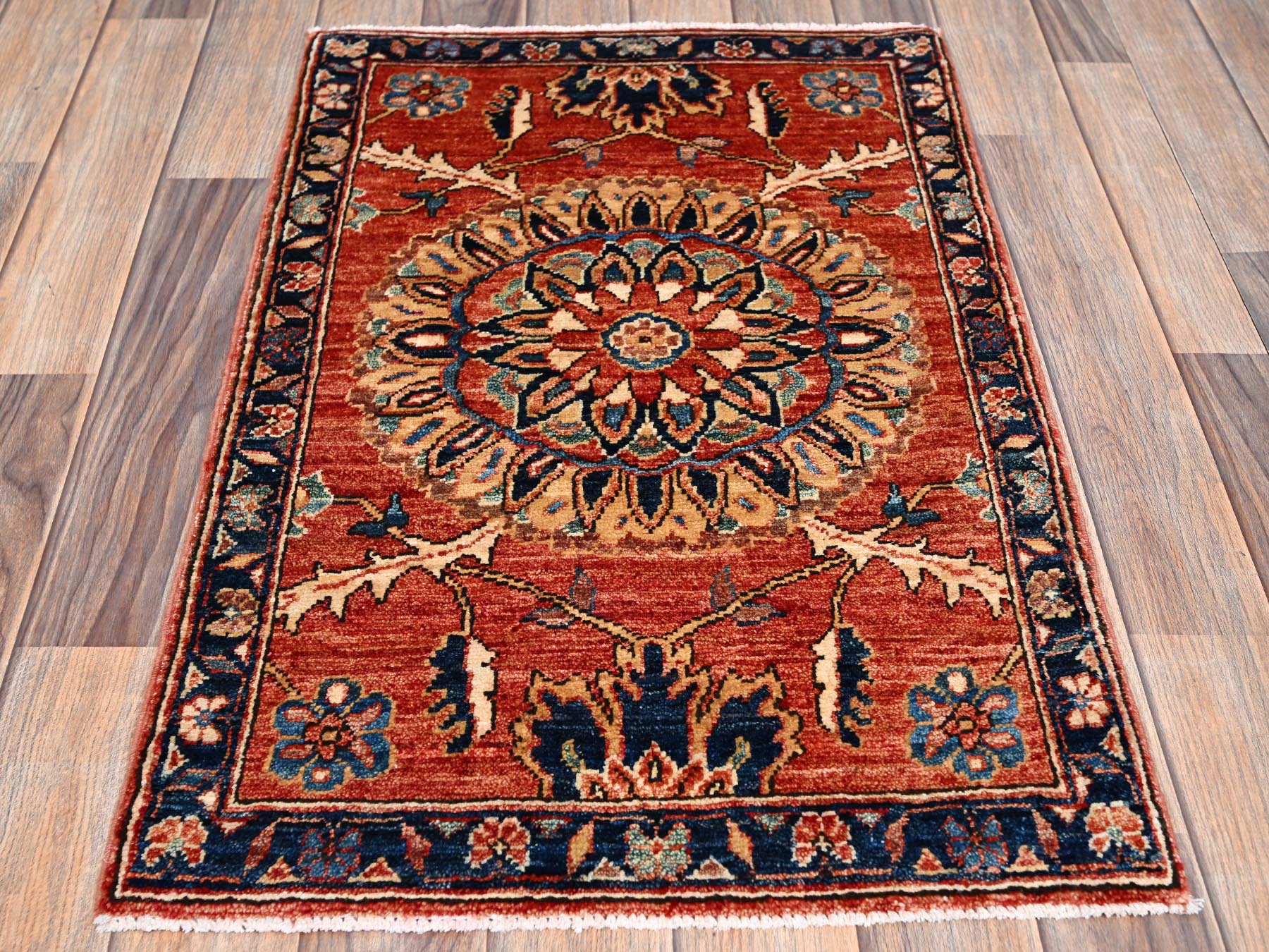 Tribal & Geometric hand-knotted wool rug in Red & Midnight Blue, 1'11" x 2'11" — SKU O02399 (view 2)