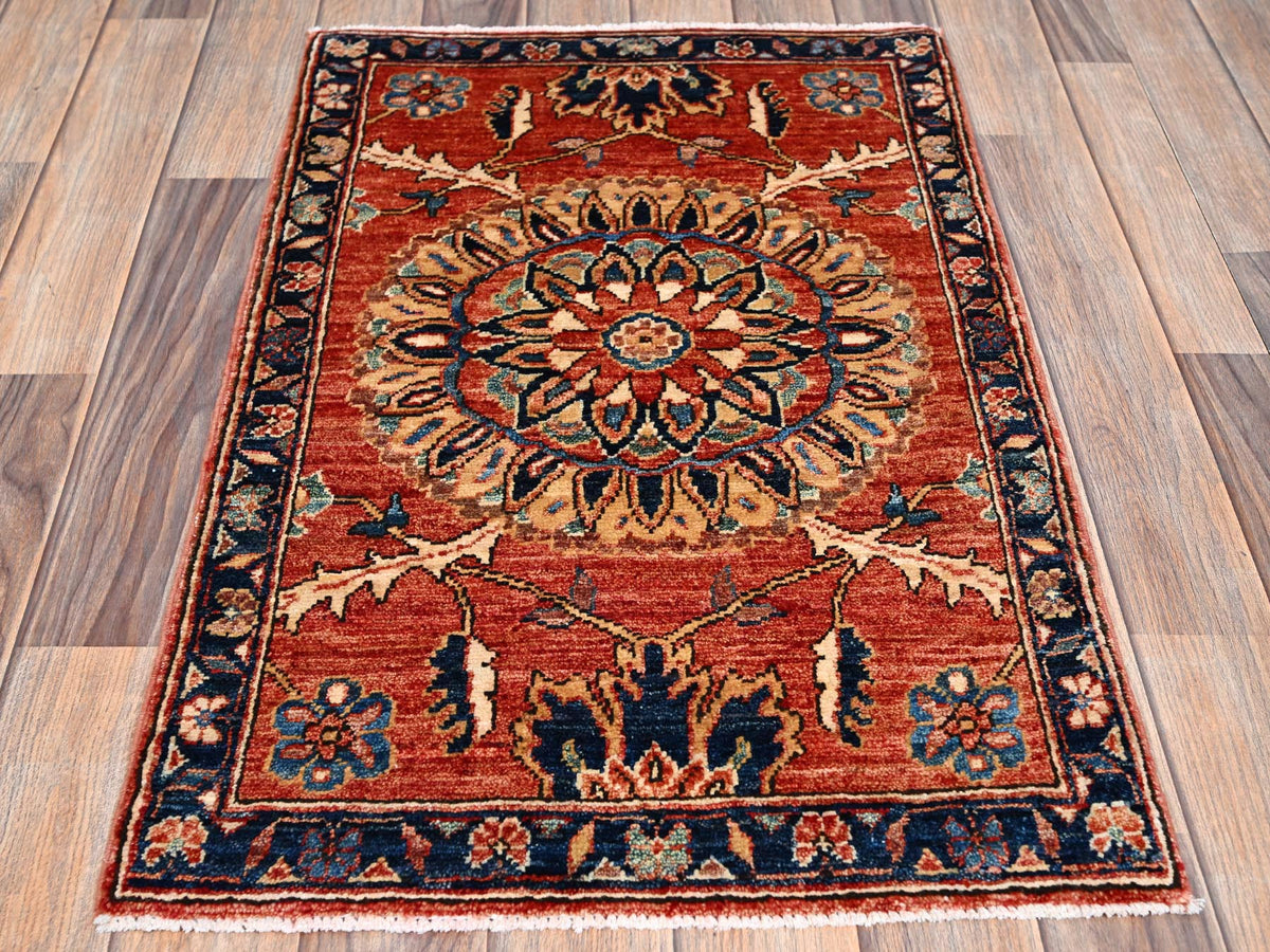 Tribal & Geometric hand-knotted wool rug in Red & Midnight Blue, 1'11" x 2'11" — SKU O02399 (view 2)