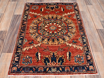Tribal & Geometric hand-knotted wool rug in Red & Midnight Blue, 1'11" x 2'11" — SKU O02399 (view 2)