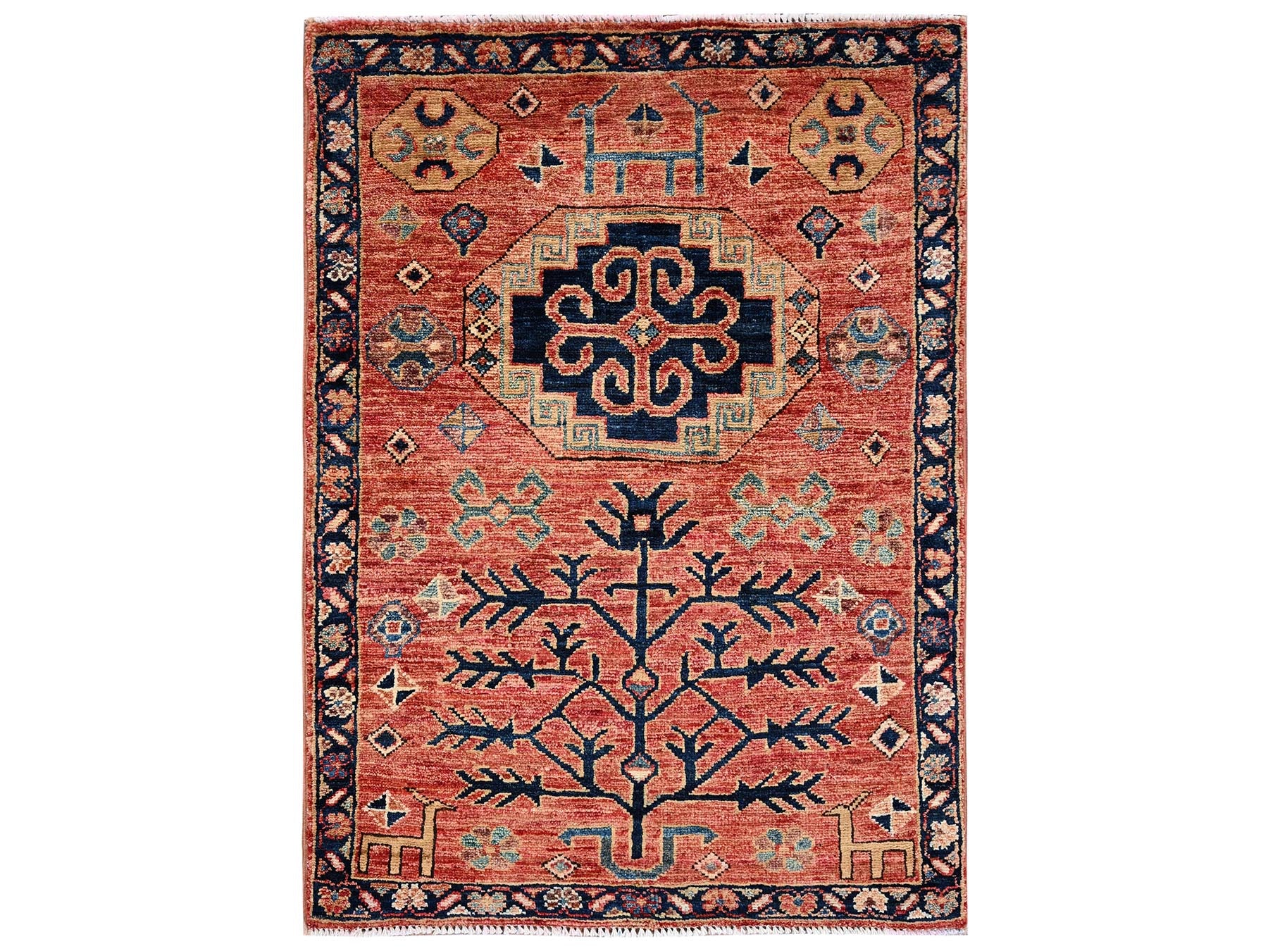 Kazak Tribal & Geometric hand-knotted wool rug in Red & Midnight Blue, 2'3" x 3' — SKU O02401
