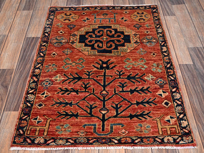 Red 2'3" x 3'0" Tribal & Geometric Hand knotted Wool Rug - Sku: O02401