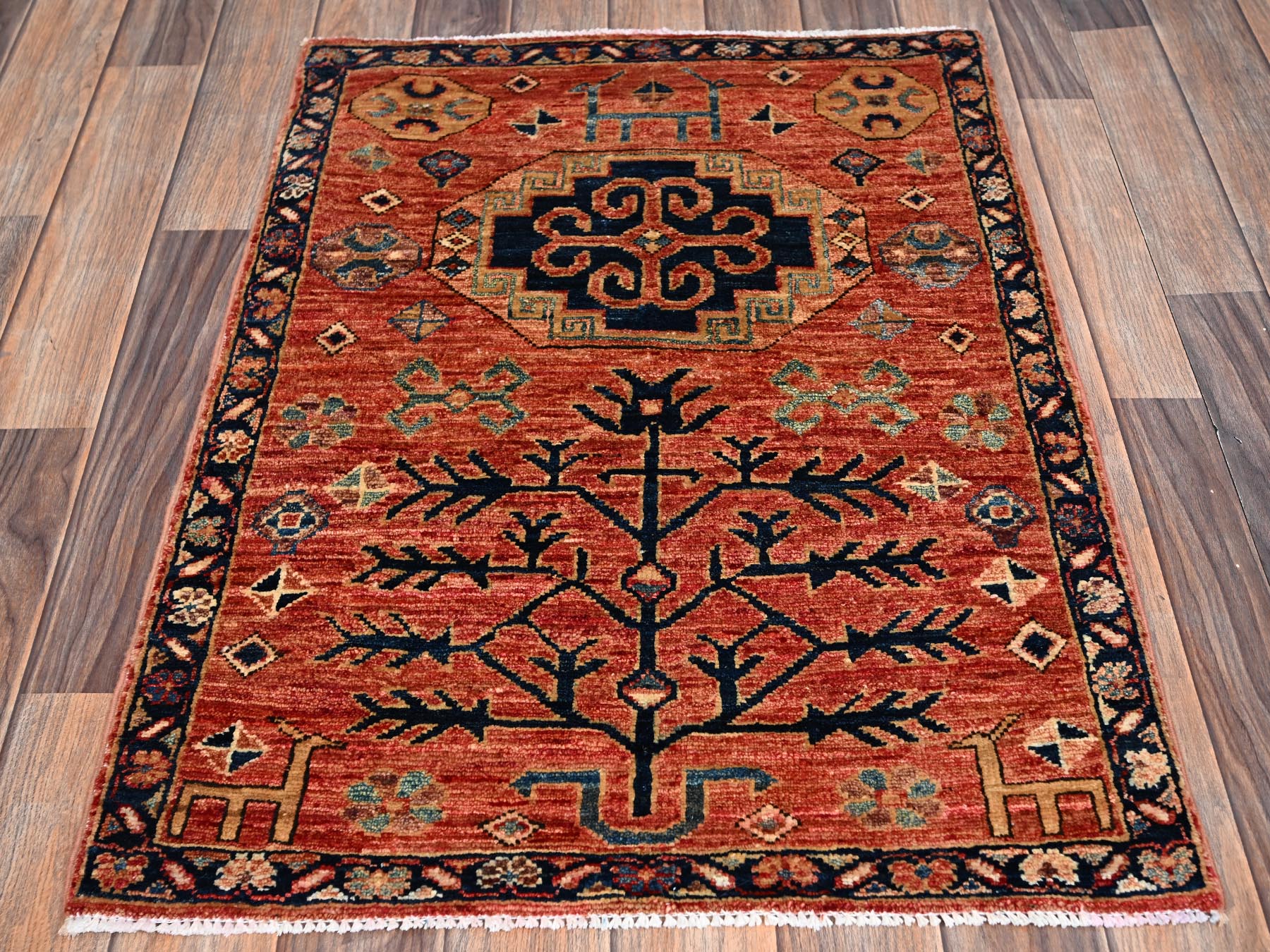 Kazak Tribal & Geometric hand-knotted wool rug in Red & Midnight Blue, 2'3" x 3' — SKU O02401 (view 2)