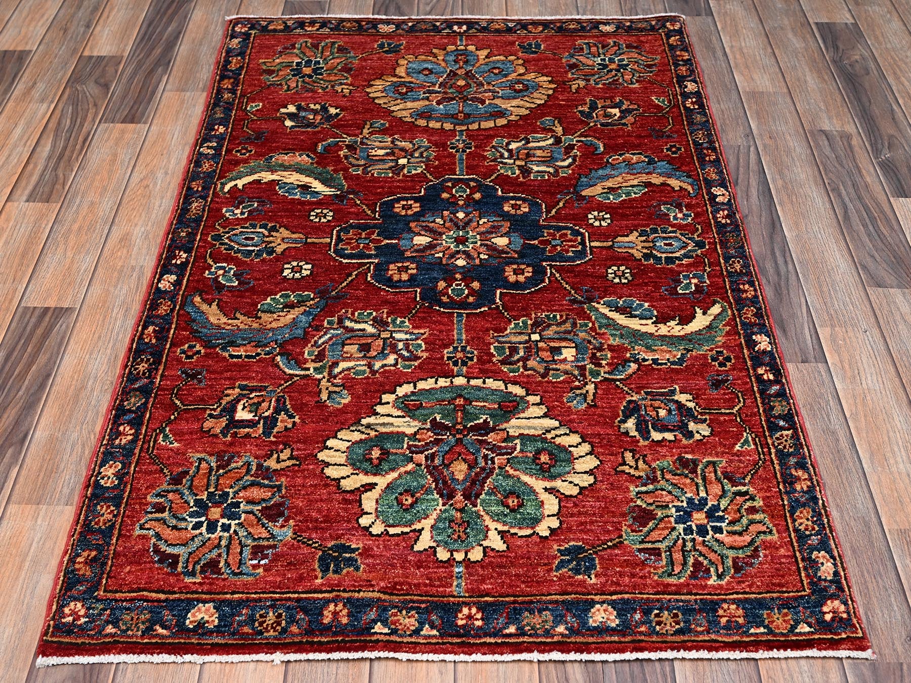 Heriz Tribal & Geometric hand-knotted wool rug in Red & Navy Blue, 3'2" x 4'9" — SKU O02417 (view 2)