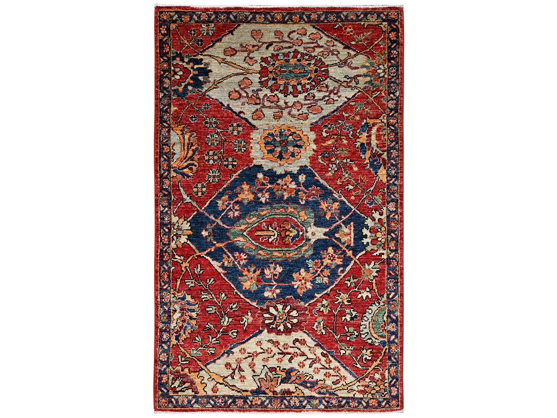 Heriz Tribal & Geometric hand-knotted wool rug in Red & Yale Blue, 3' x 4'11" — SKU O02418