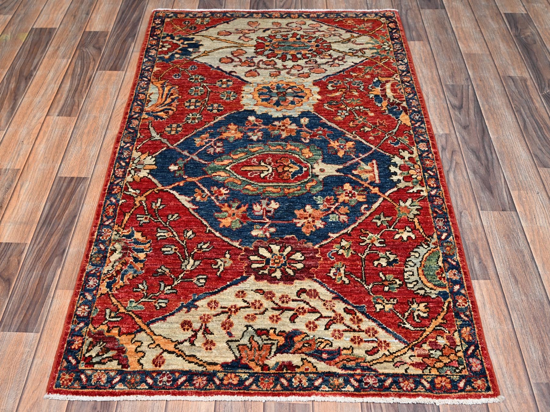 Heriz Tribal & Geometric hand-knotted wool rug in Red & Yale Blue, 3' x 4'11" — SKU O02418 (view 2)