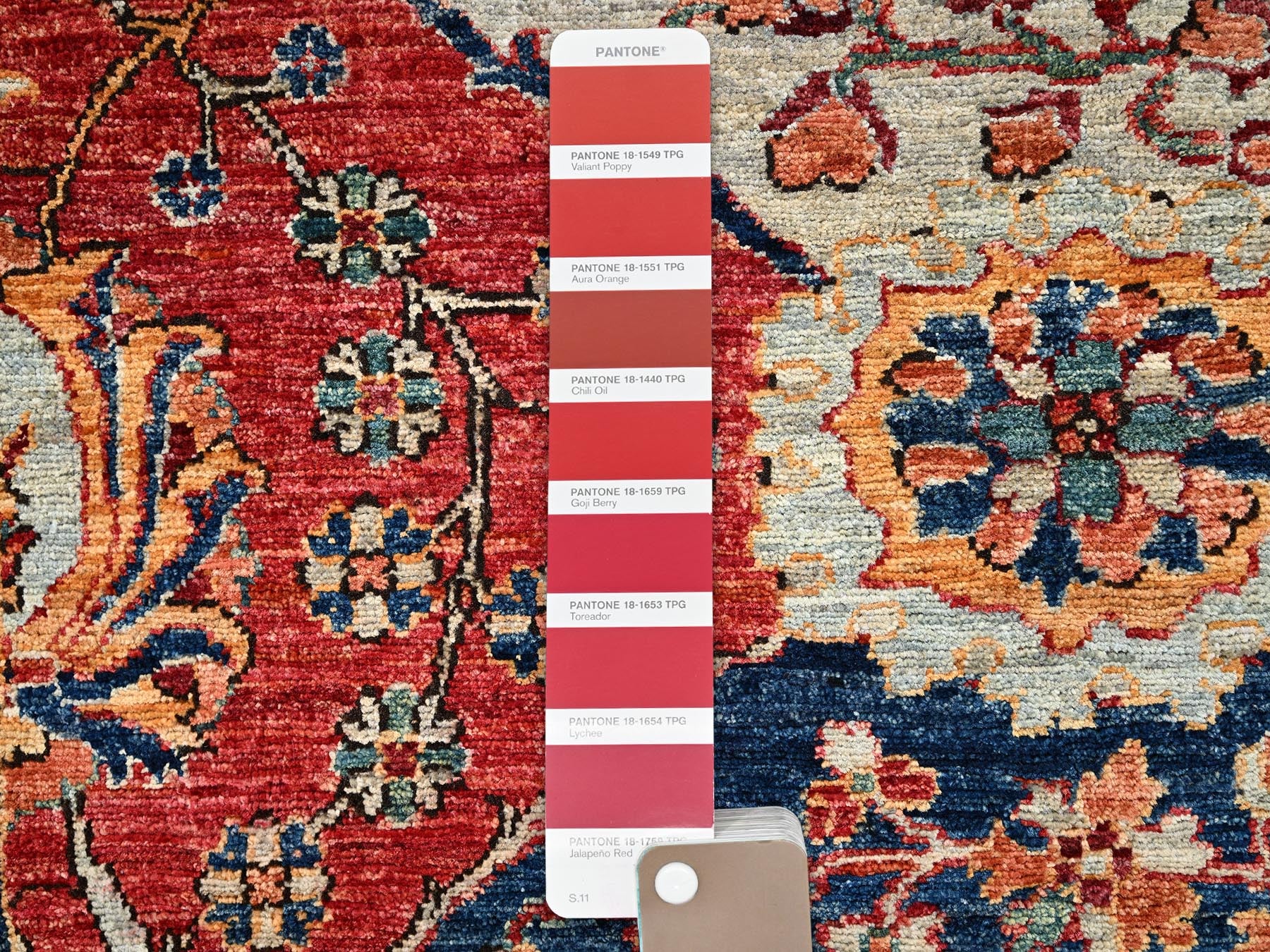 Heriz Tribal & Geometric hand-knotted wool rug in Red & Yale Blue, 3' x 4'11" — SKU O02418 (view 4)