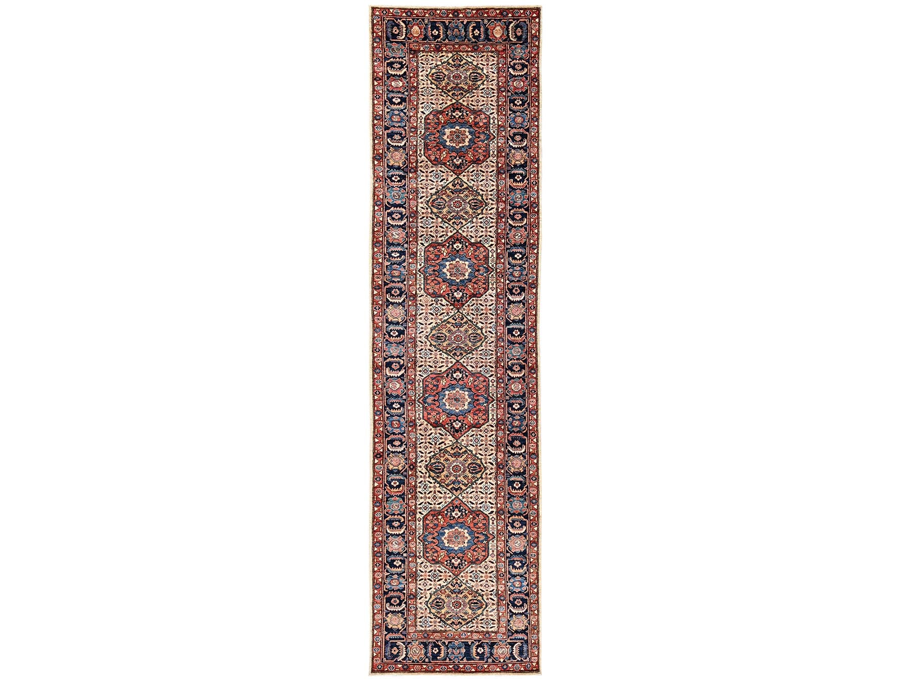 Senneh Tribal & Geometric hand-knotted wool runner in Ivory & Midnight Blue, 4' x 16'1" — SKU O02423