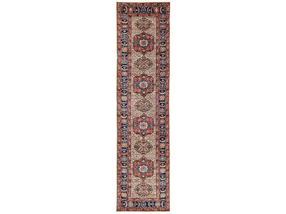 Senneh Tribal & Geometric hand-knotted wool runner in Ivory & Midnight Blue, 4' x 16'1" — SKU O02423