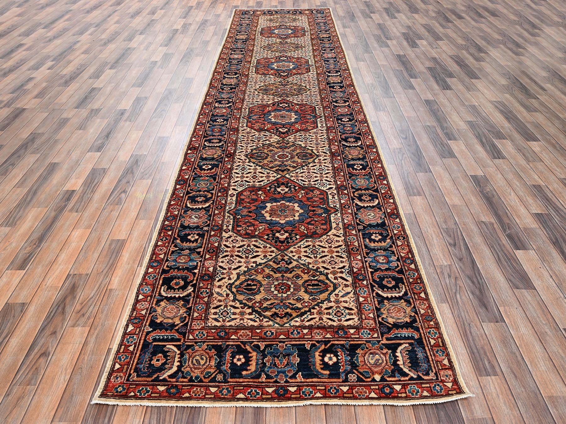 Senneh Tribal & Geometric hand-knotted wool runner in Ivory & Midnight Blue, 4' x 16'1" — SKU O02423 (view 2)