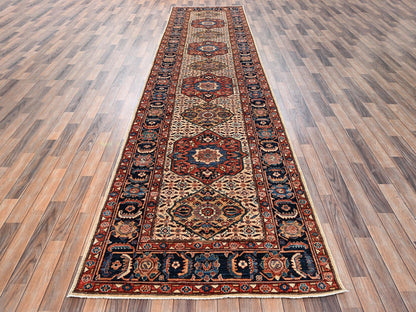 Senneh Tribal & Geometric hand-knotted wool runner in Ivory & Midnight Blue, 4' x 16'1" — SKU O02423 (view 2)