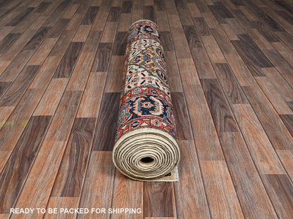 Senneh Tribal & Geometric hand-knotted wool runner in Ivory & Midnight Blue, 4' x 16'1" — SKU O02423 (view 5)