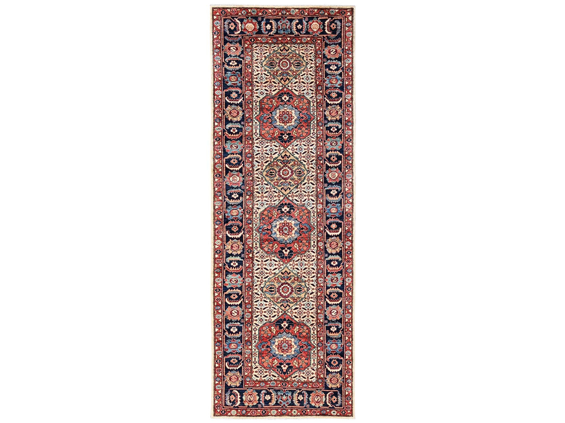 Senneh Tribal & Geometric hand-knotted wool runner in Ivory & Midnight Blue, 4'1" x 11'10" — SKU O02424