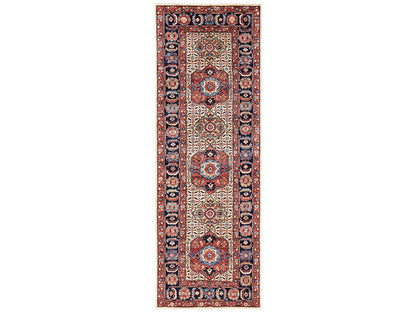 Senneh Tribal & Geometric hand-knotted wool runner in Ivory & Midnight Blue, 4'1" x 11'10" — SKU O02424