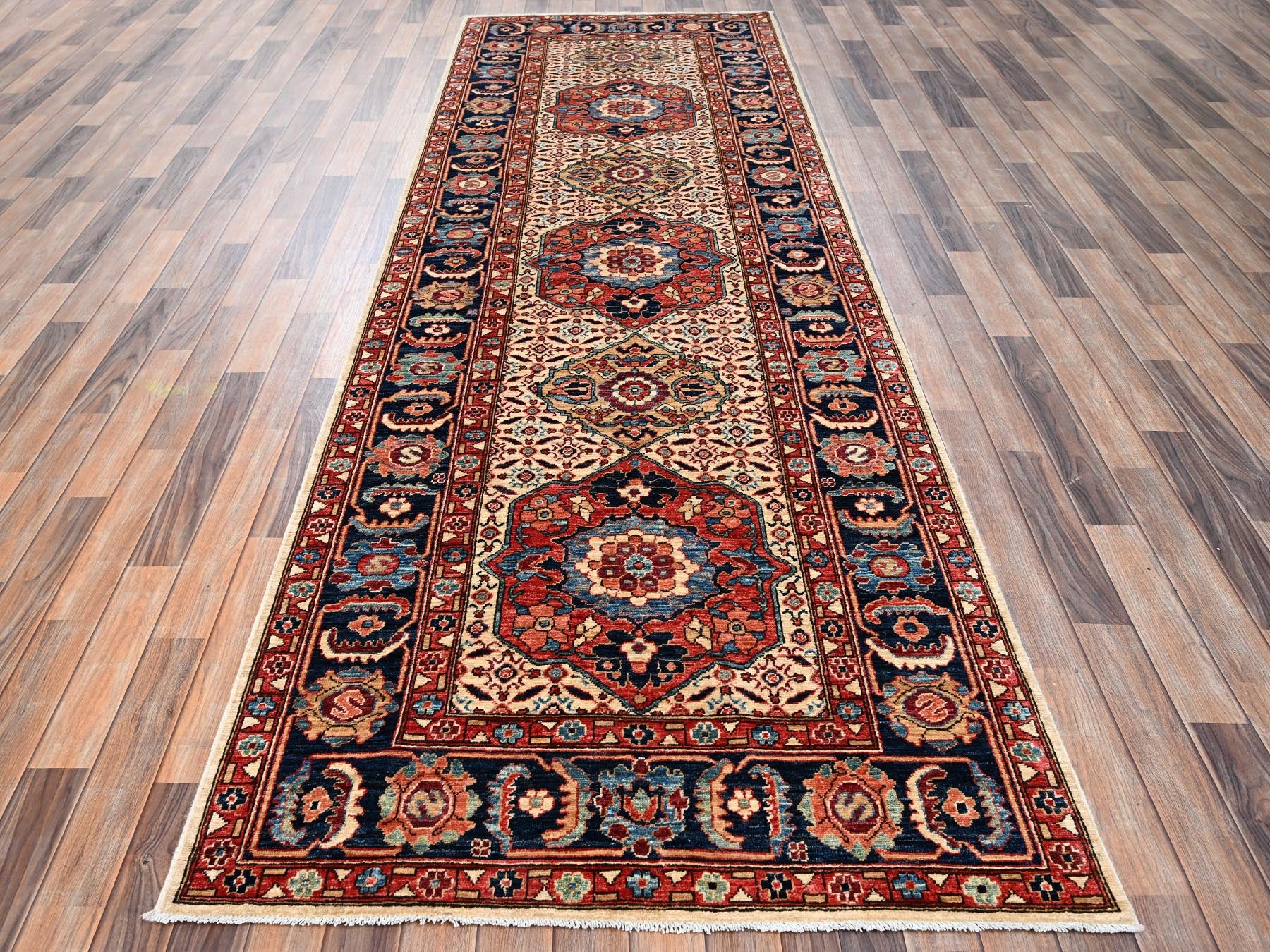 Senneh Tribal & Geometric hand-knotted wool runner in Ivory & Midnight Blue, 4'1" x 11'10" — SKU O02424 (view 2)