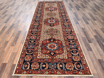 Senneh Tribal & Geometric hand-knotted wool runner in Ivory & Midnight Blue, 4'1" x 11'10" — SKU O02424 (view 2)