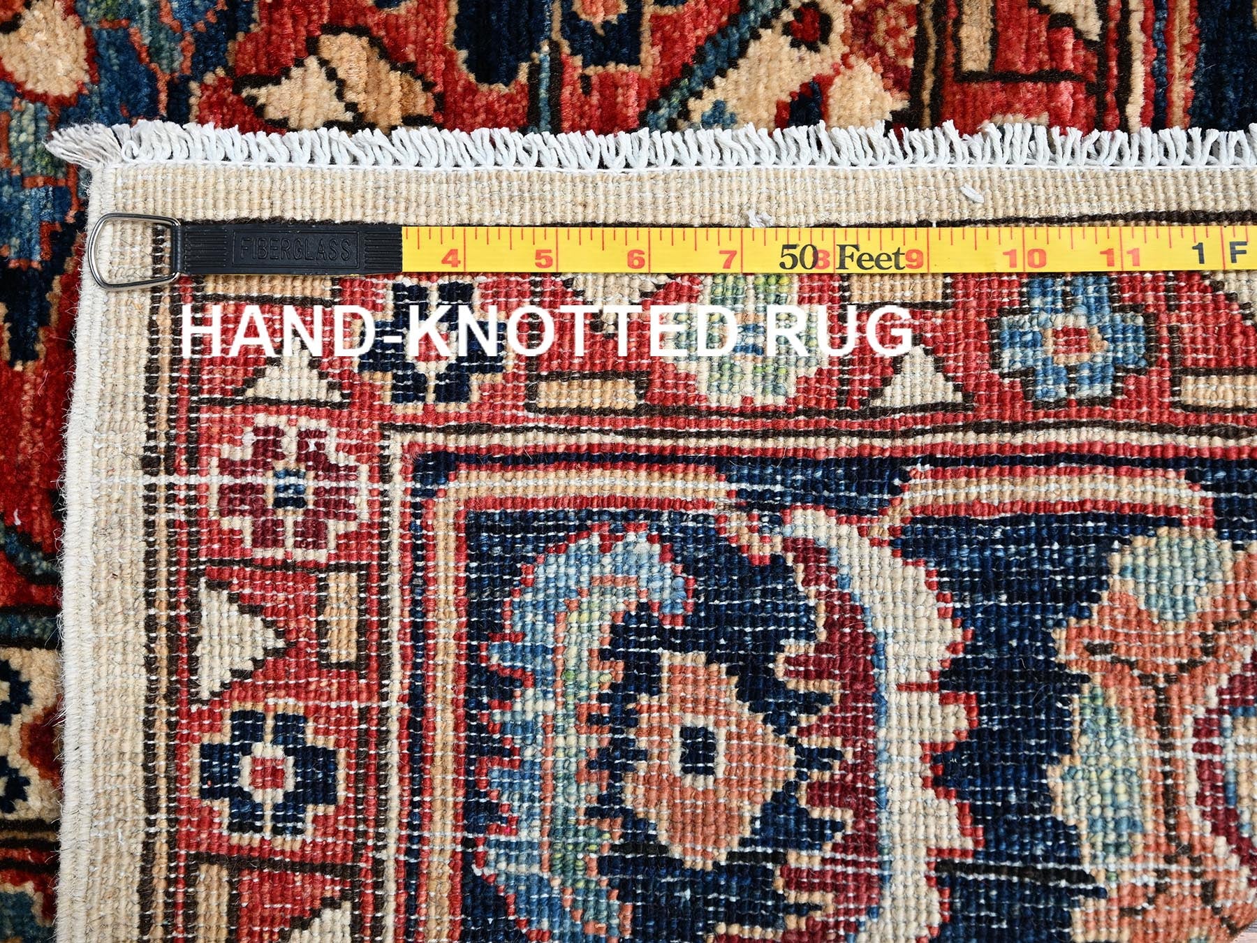 Senneh Tribal & Geometric hand-knotted wool runner in Ivory & Midnight Blue, 4'1" x 11'10" — SKU O02424 (view 7)