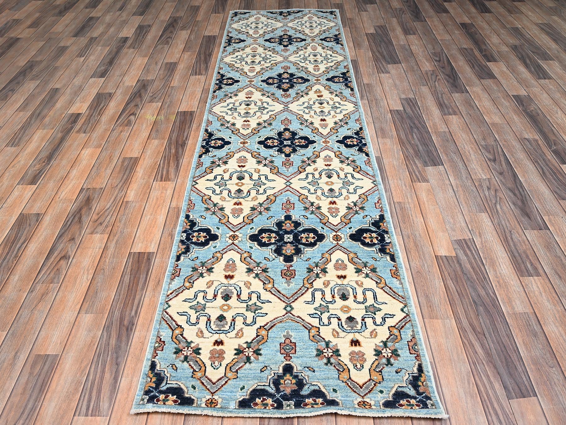 Blue 2'7" x 9'8" Tribal & Geometric Hand knotted Wool Rug - Sku: O02429