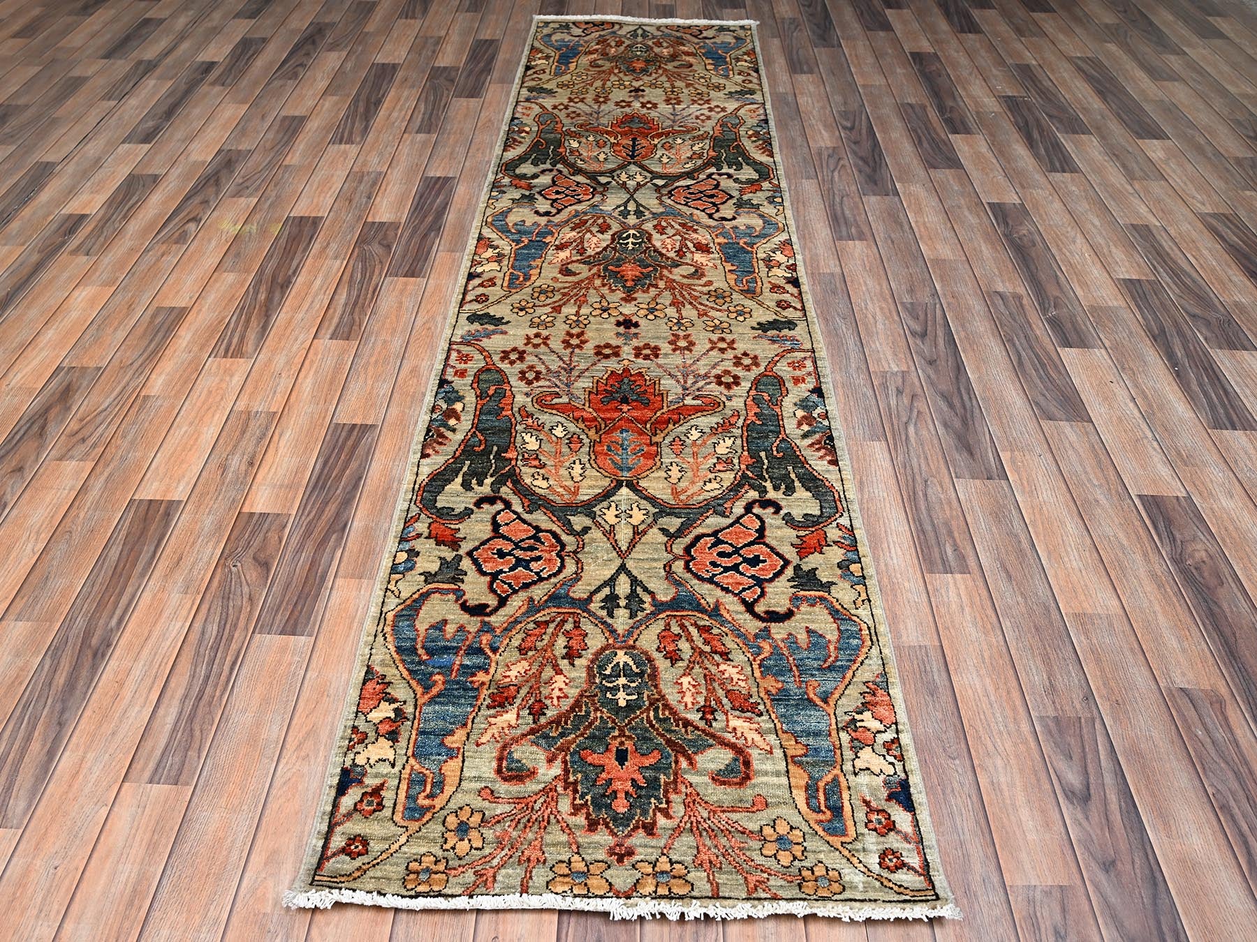 Tribal & Geometric hand-knotted wool runner in Green, 2'6" x 9'9" — SKU O02432 (view 2)