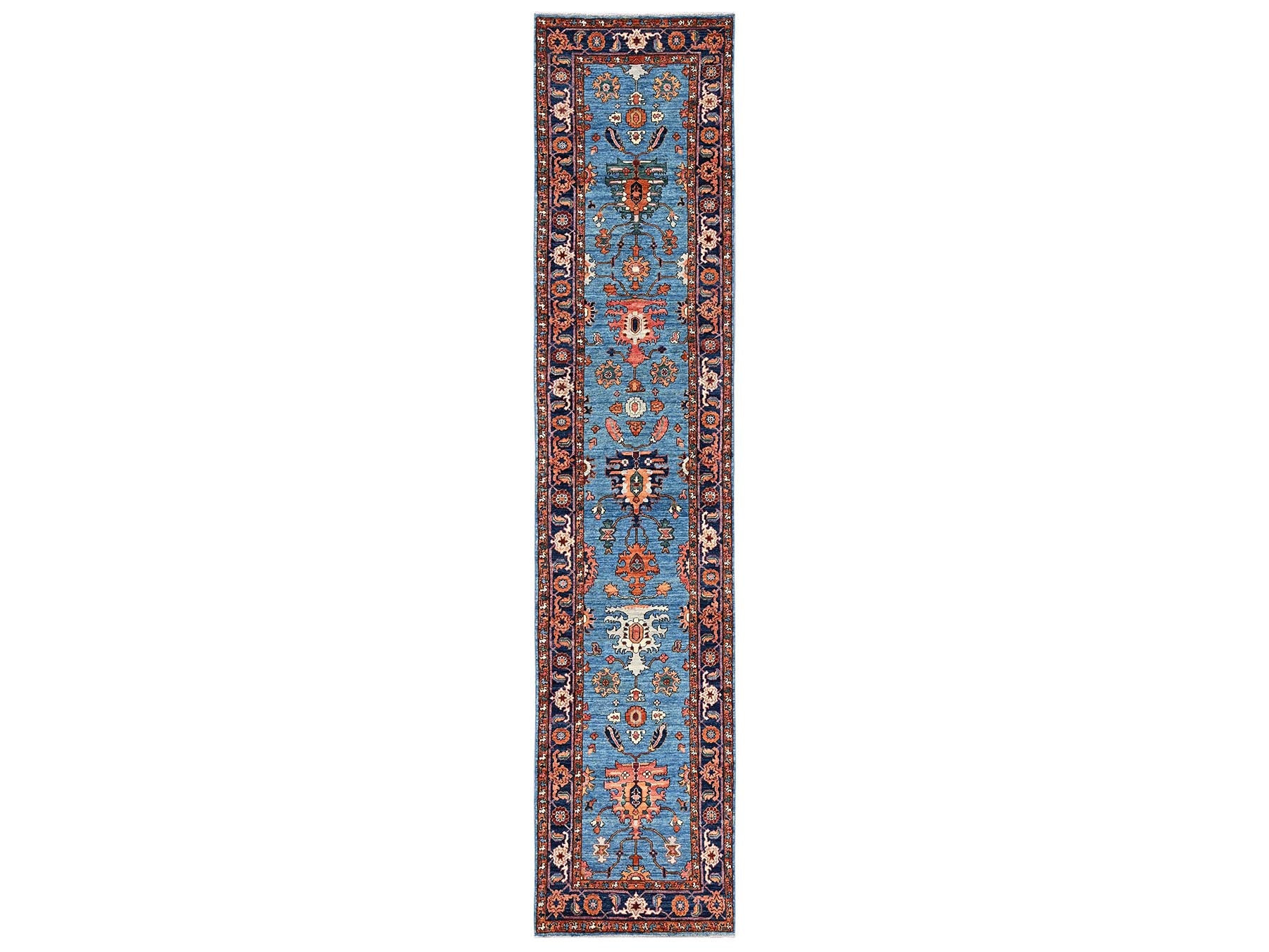 Heriz Tribal & Geometric hand-knotted wool runner in Blue & Navy Blue, 2'11" x 13'9" — SKU O02433