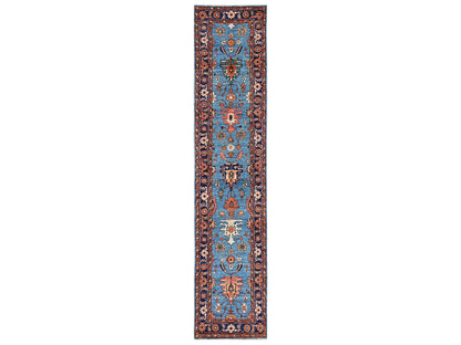 Heriz Tribal & Geometric hand-knotted wool runner in Blue & Navy Blue, 2'11" x 13'9" — SKU O02433