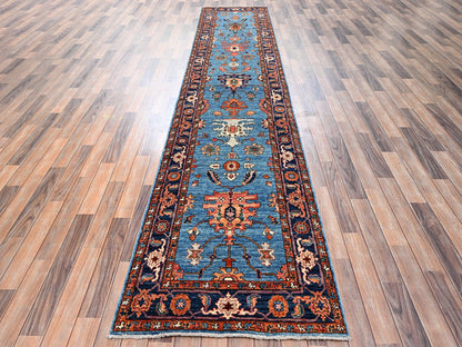 Blue 2'11" x 13'9" Tribal & Geometric Hand knotted Wool Rug - Sku: O02433