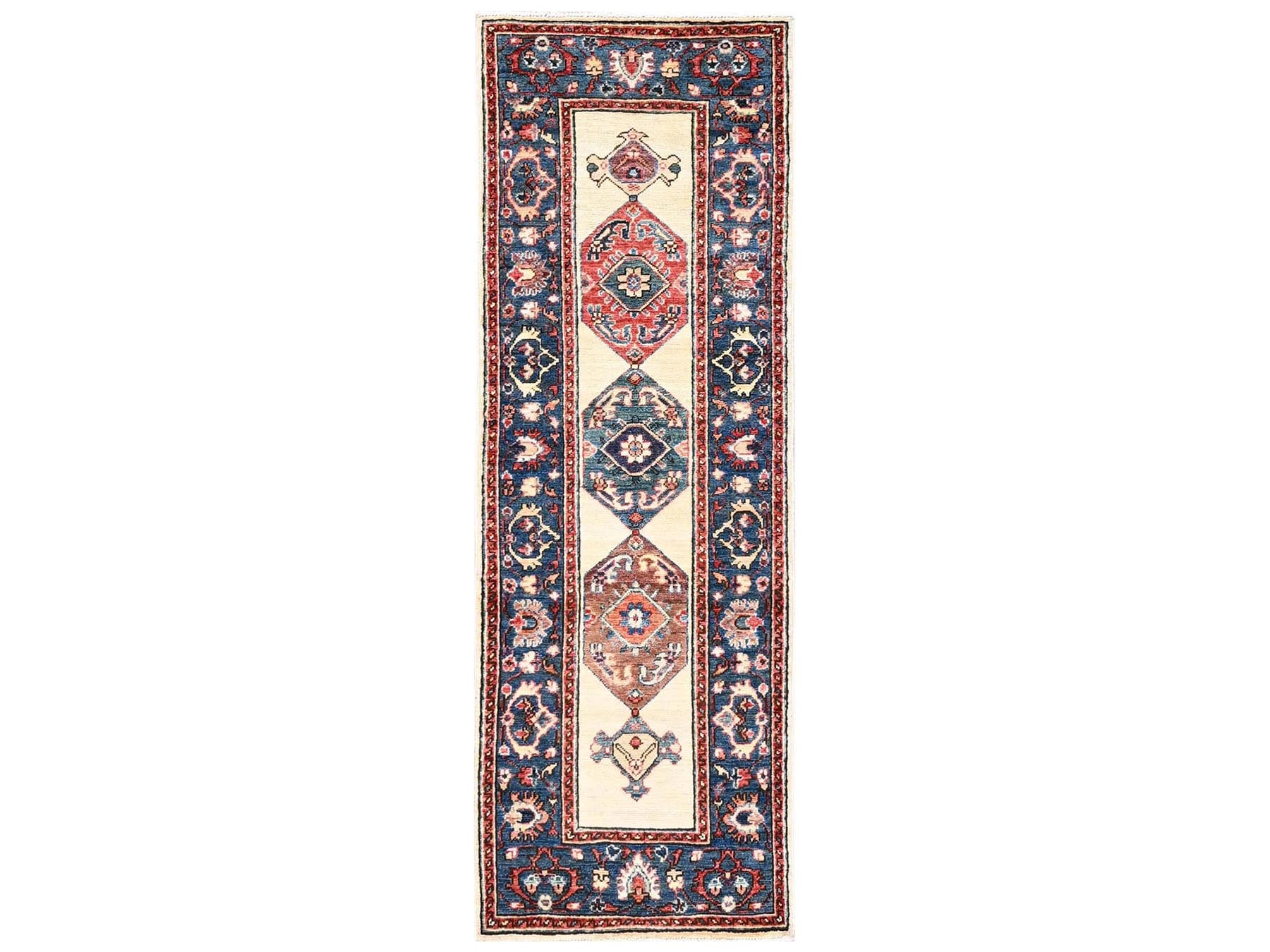 Heriz Tribal & Geometric hand-knotted wool runner in Ivory & Blue, 2'1" x 6'5" — SKU O02437