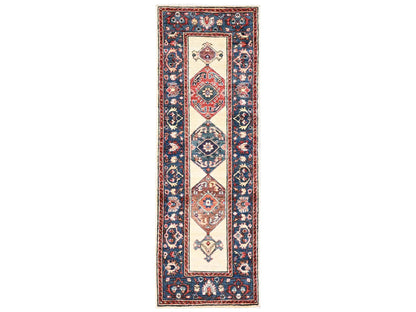 Heriz Tribal & Geometric hand-knotted wool runner in Ivory & Blue, 2'1" x 6'5" — SKU O02437