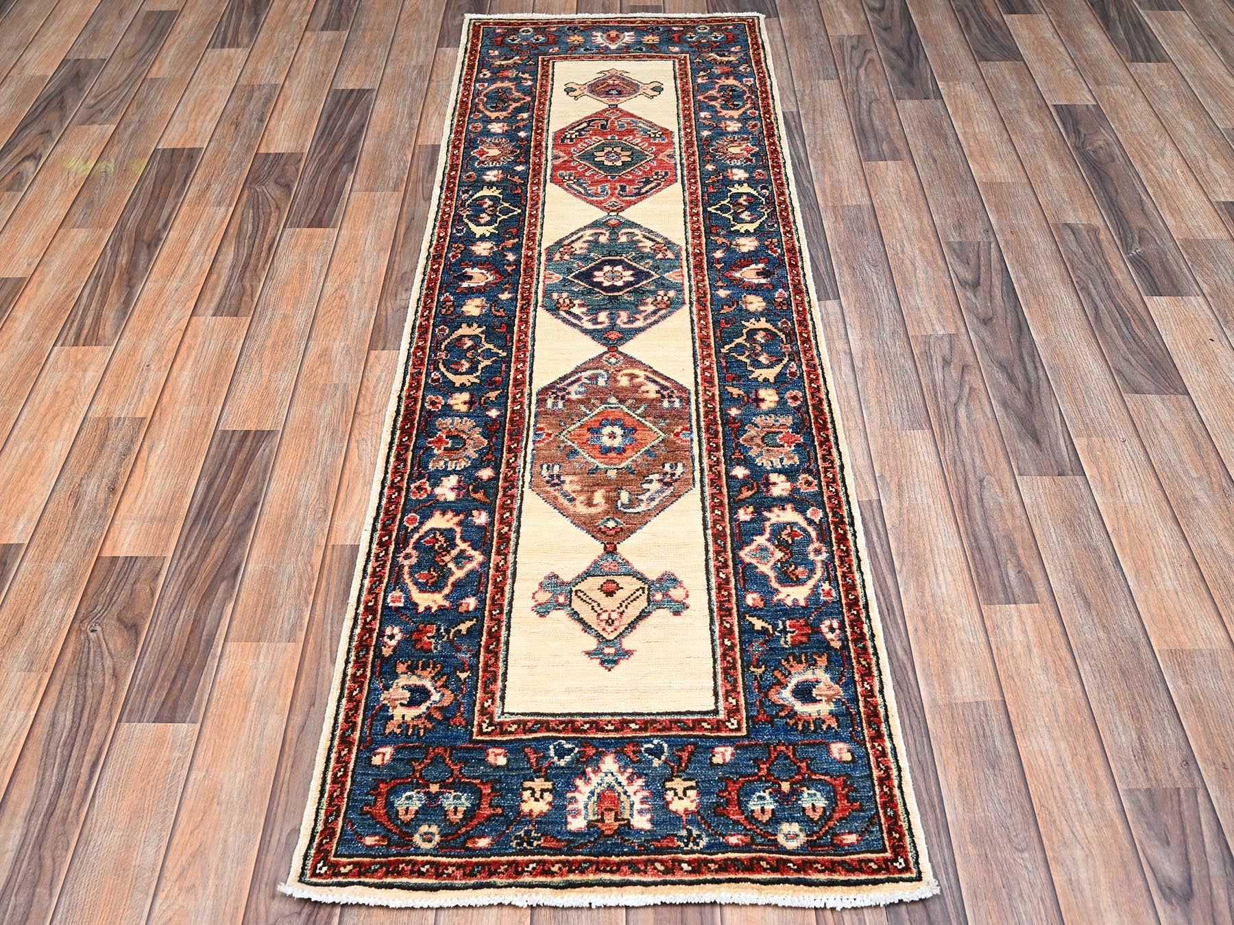 Ivory 2'1" x 6'5" Tribal & Geometric Hand knotted Wool Rug - Sku: O02437
