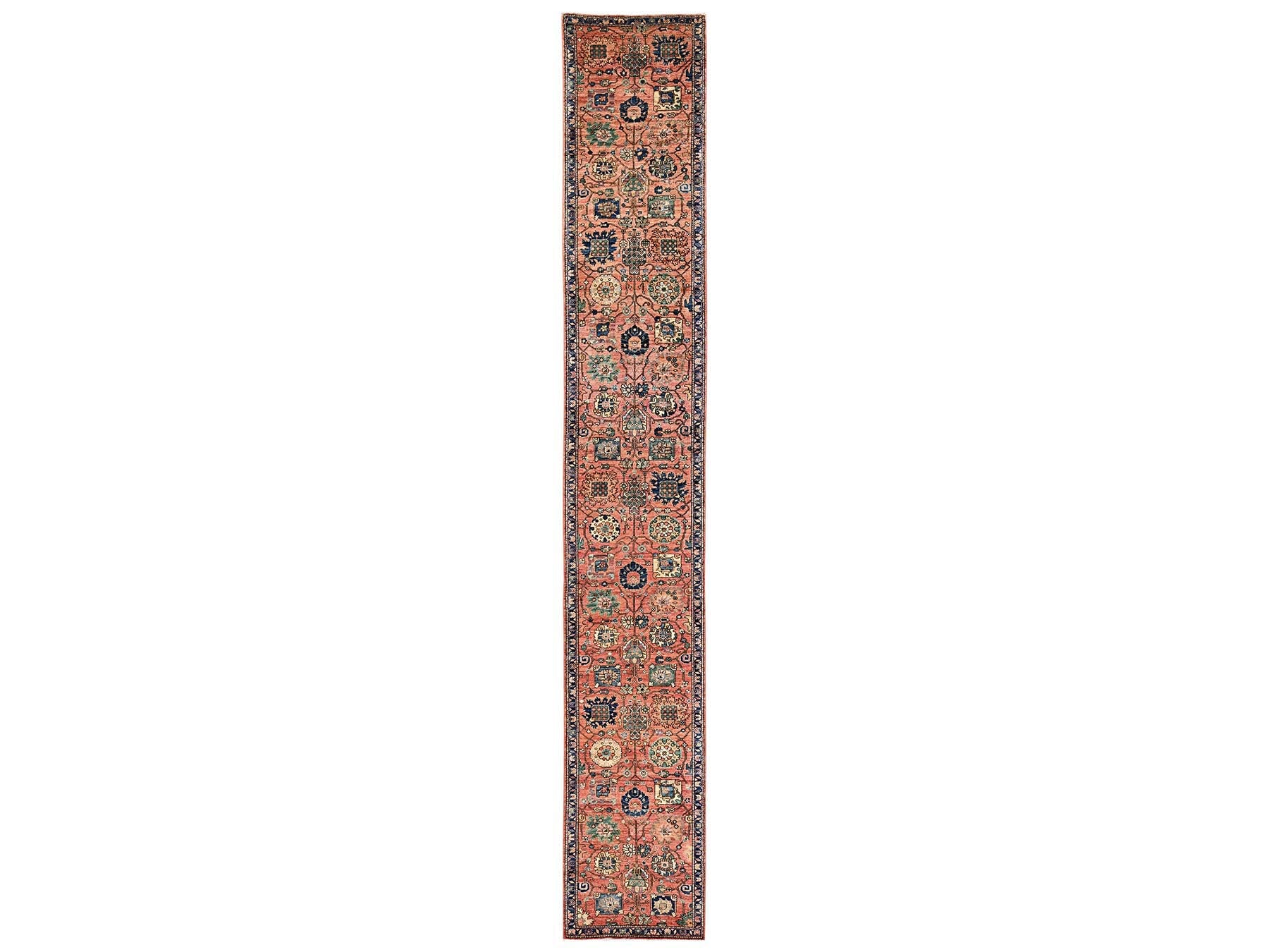 Tribal & Geometric hand-knotted wool runner in Orange & Midnight Blue, 2'9" x 19'4" — SKU O02439
