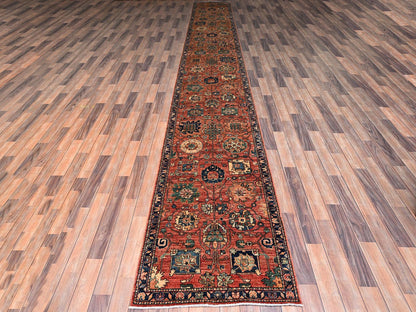Tribal & Geometric hand-knotted wool runner in Orange & Midnight Blue, 2'9" x 19'4" — SKU O02439 (view 2)