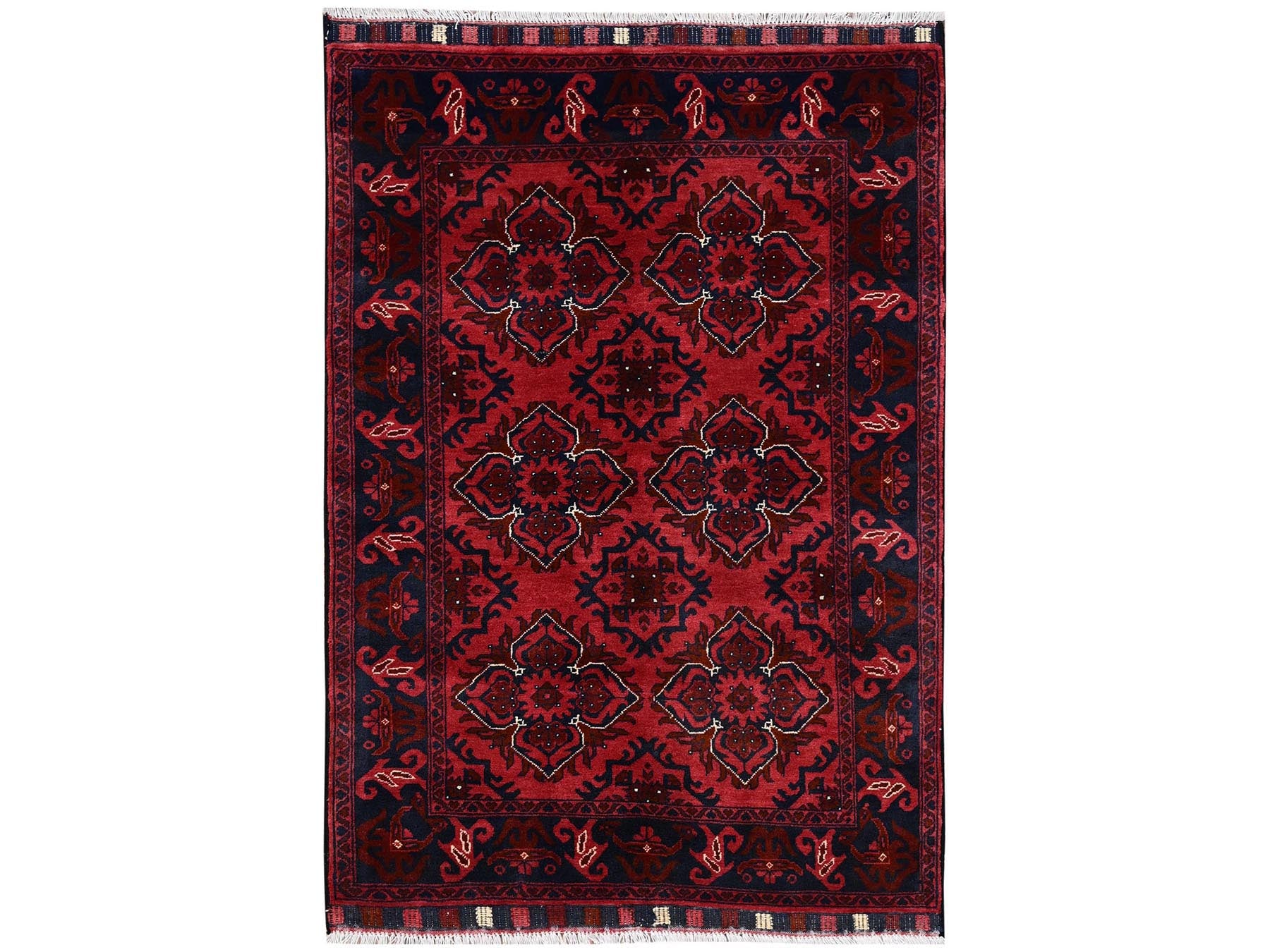 Tribal & Geometric hand-knotted wool rug in Red & Midnight Blue, 3'4" x 4'9" — SKU O02442