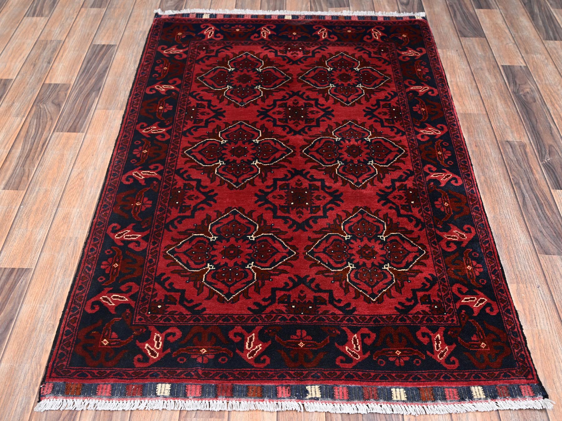 Tribal & Geometric hand-knotted wool rug in Red & Midnight Blue, 3'4" x 4'9" — SKU O02442 (view 2)