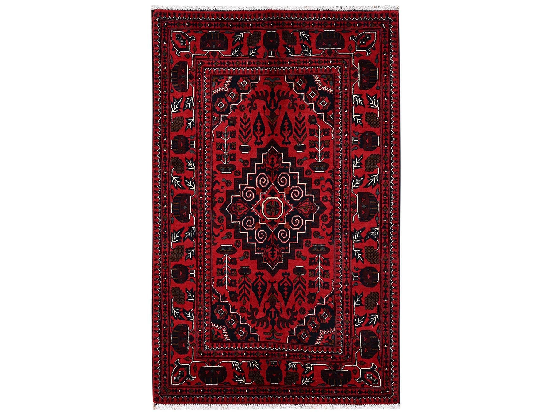 Tribal & Geometric hand-knotted wool rug in Red, 3'5" x 5'5" — SKU O02443