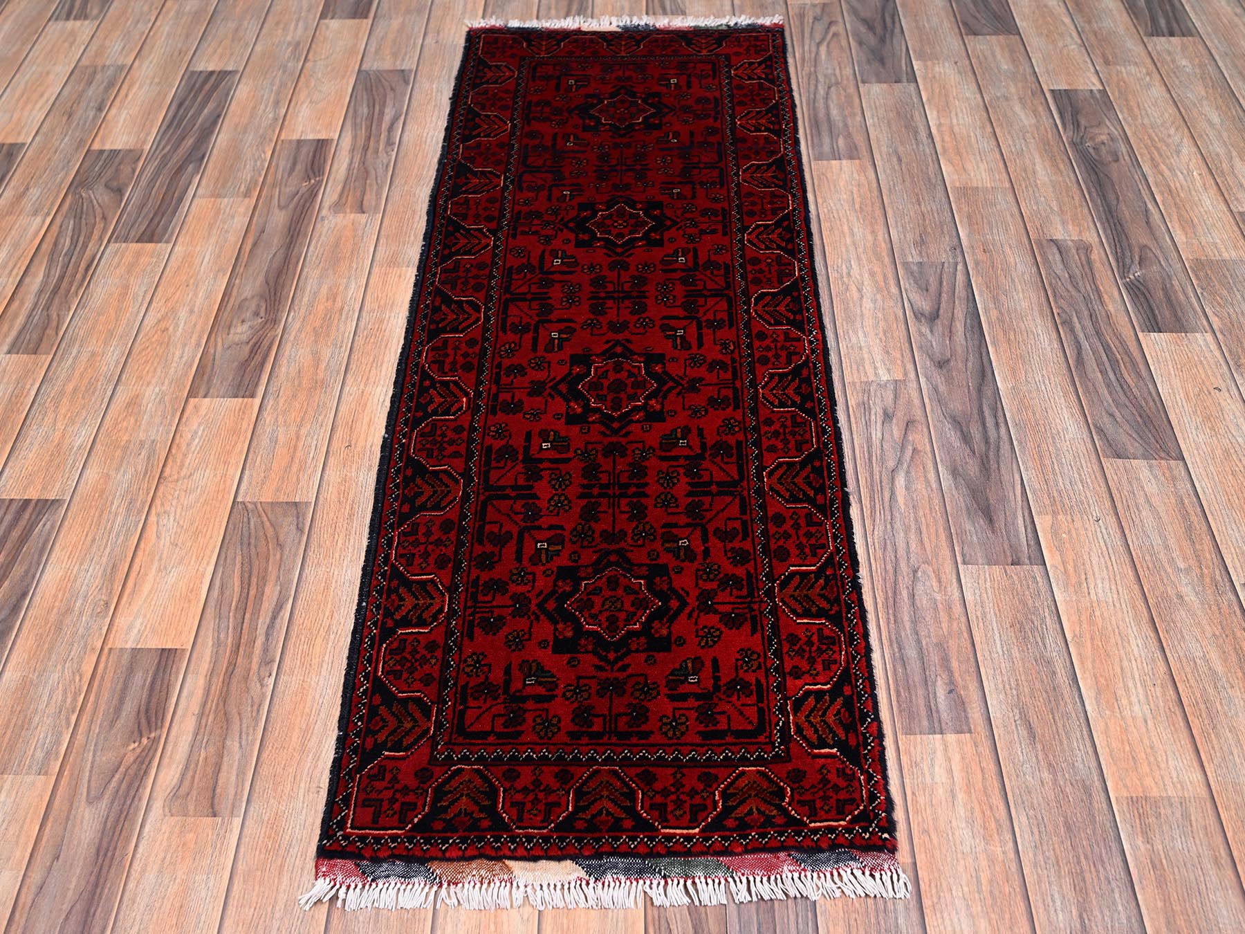 Tribal & Geometric hand-knotted wool runner in Red, 1'10" x 5'1" — SKU O02455 (view 2)