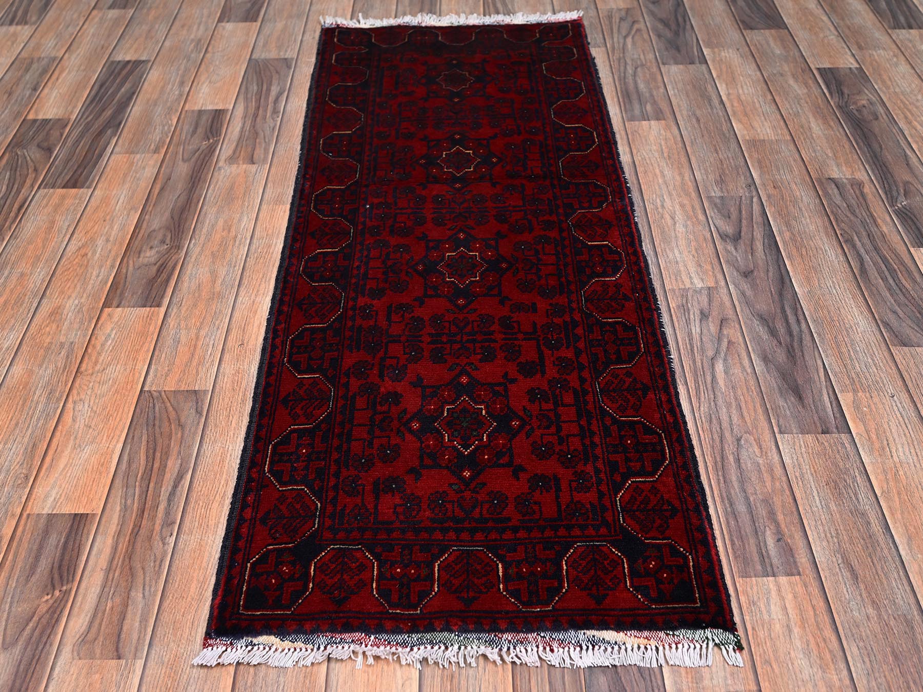 Tribal & Geometric hand-knotted wool runner in Red, 1'10" x 4'11" — SKU O02456 (view 2)
