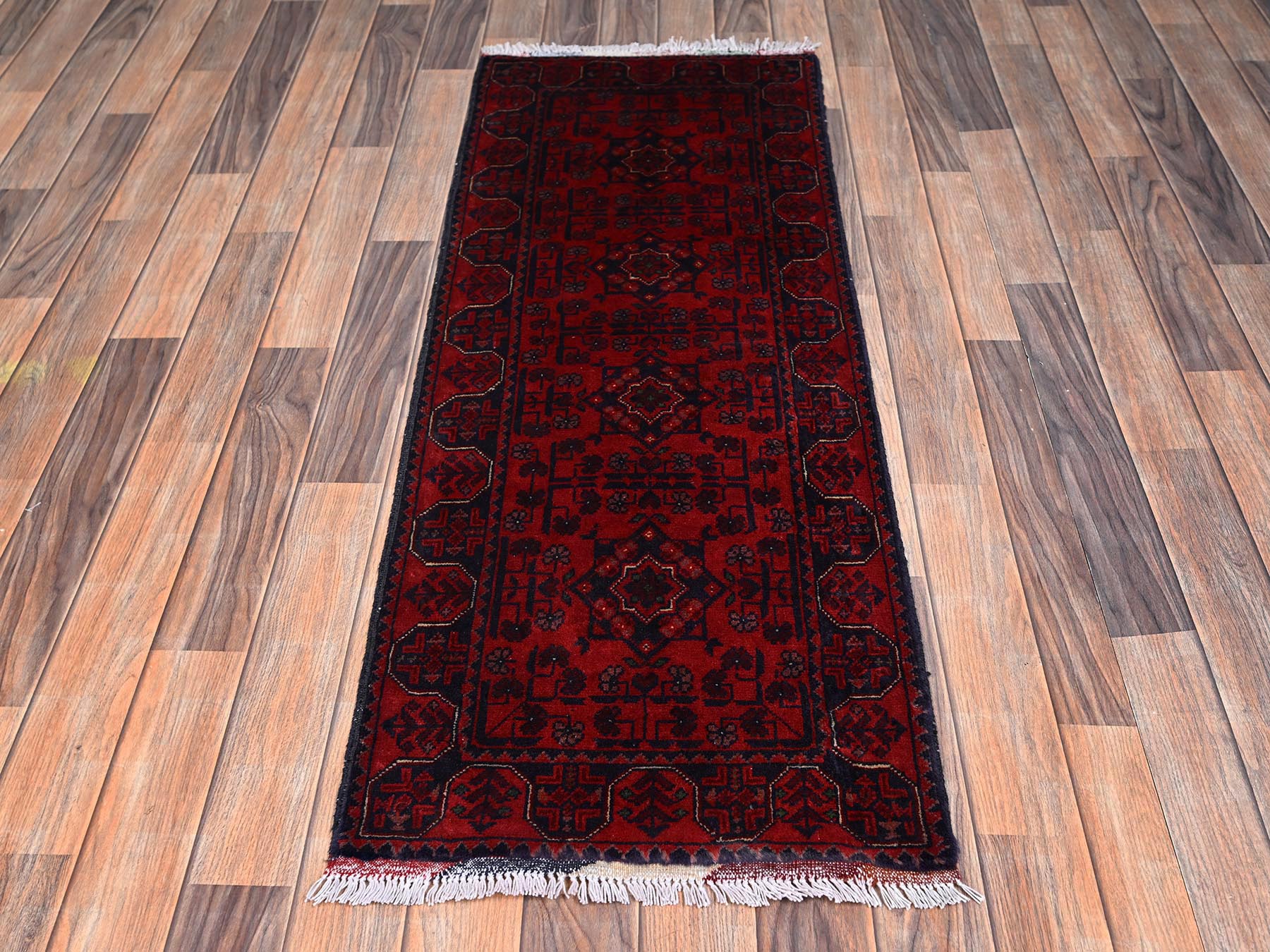 Tribal & Geometric hand-knotted wool runner in Red, 1'10" x 4'11" — SKU O02457 (view 2)