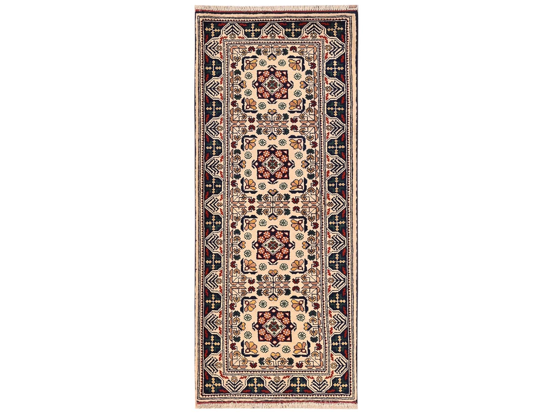 Tribal & Geometric hand-knotted wool runner in Ivory & Midnight Blue, 2'3" x 4'10" — SKU O02458