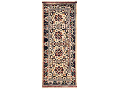 Tribal & Geometric hand-knotted wool runner in Ivory & Midnight Blue, 2'3" x 4'10" — SKU O02458