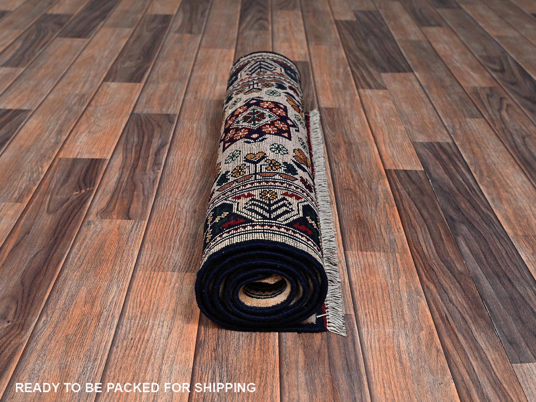 Tribal & Geometric hand-knotted wool runner in Ivory & Midnight Blue, 2'3" x 4'10" — SKU O02458 (view 5)