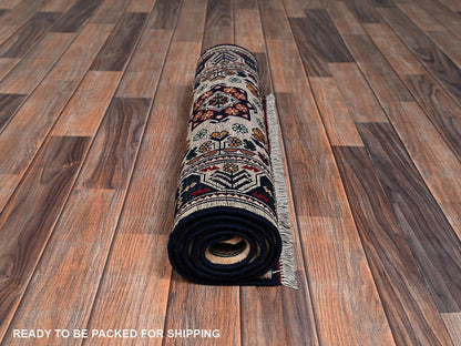 Tribal & Geometric hand-knotted wool runner in Ivory & Midnight Blue, 2'3" x 4'10" — SKU O02458 (view 5)