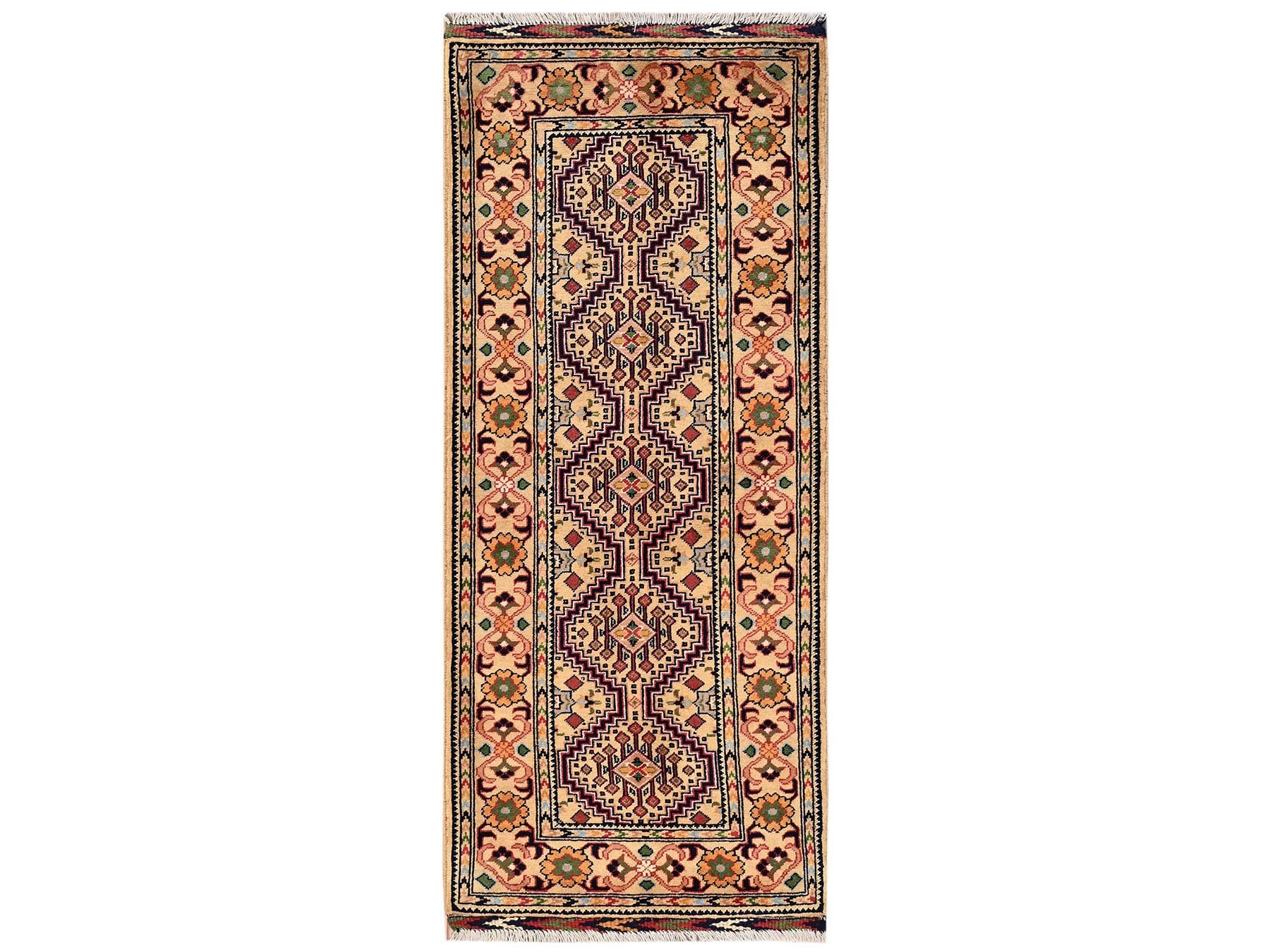 Beige 2'2" x 5'1" Tribal & Geometric Hand knotted Wool Rug - Sku: O02459