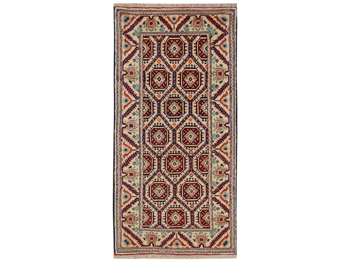 Tribal & Geometric hand-knotted wool rug in Ivory, 2'1" x 4'3" — SKU O02462