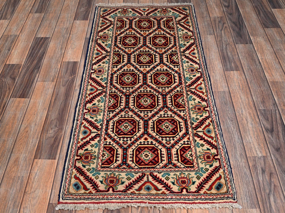 Tribal & Geometric hand-knotted wool rug in Ivory, 2'1" x 4'3" — SKU O02462 (view 2)